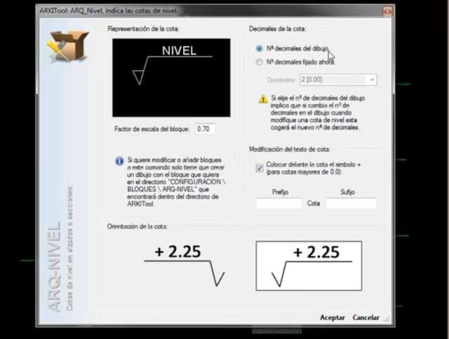Crea en un alzado o sección cotas de nivel dinámicas que se modifican automáticamente al modificar la posición de cualquiera de ellas. Permite configurar el aspecto de las cotas que se ván a colocar.